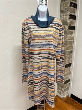 Smash! Multicolor Striped Cowl Neck Long Sleeve Dress Boho Sweater Knit Size XL